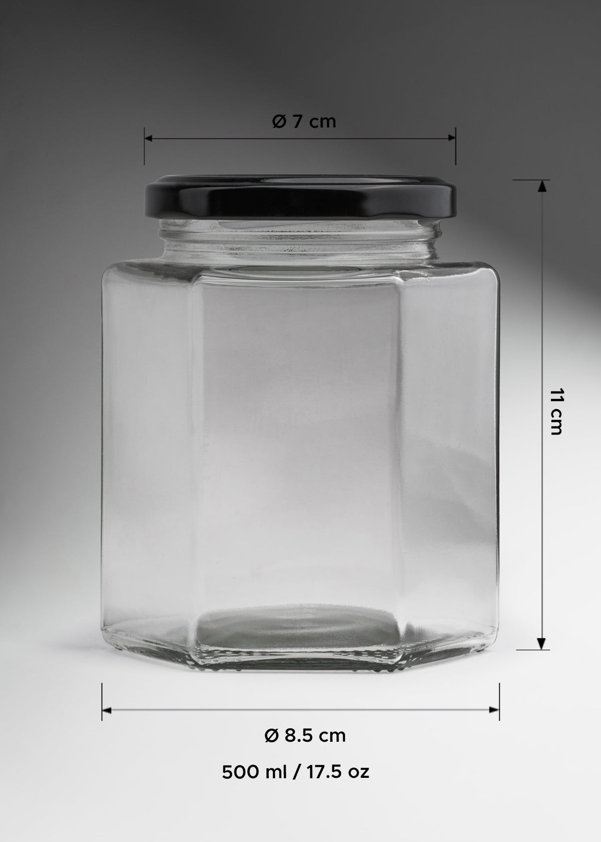 Frascos hexagonales de vidrio transparente con tapa negra uso alimenticio de 45 a 500 ml