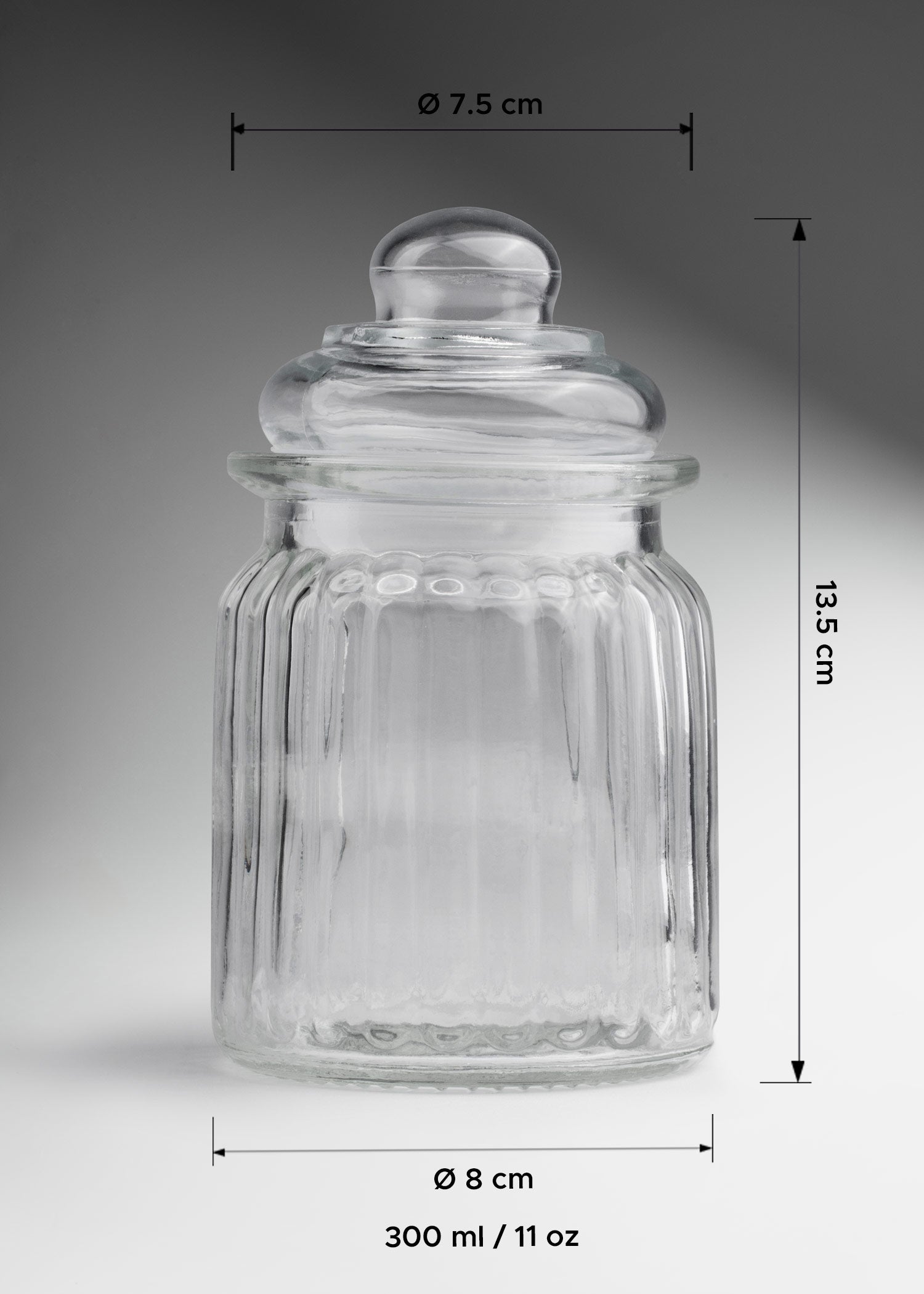 Frasco de vidrio estriado con tapa hermética para vela 300 y 650 ml