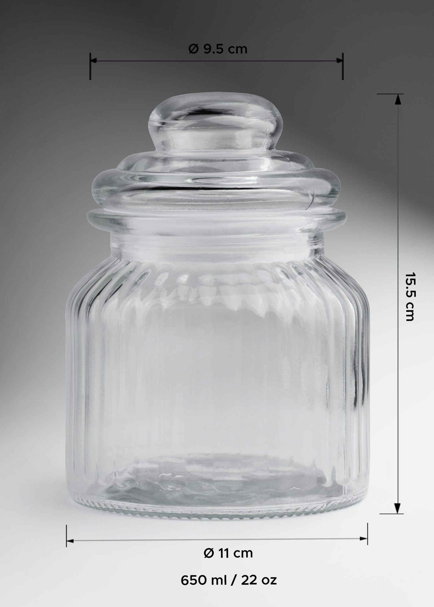 Frasco de vidrio estriado con tapa hermética para vela 300 y 650 ml
