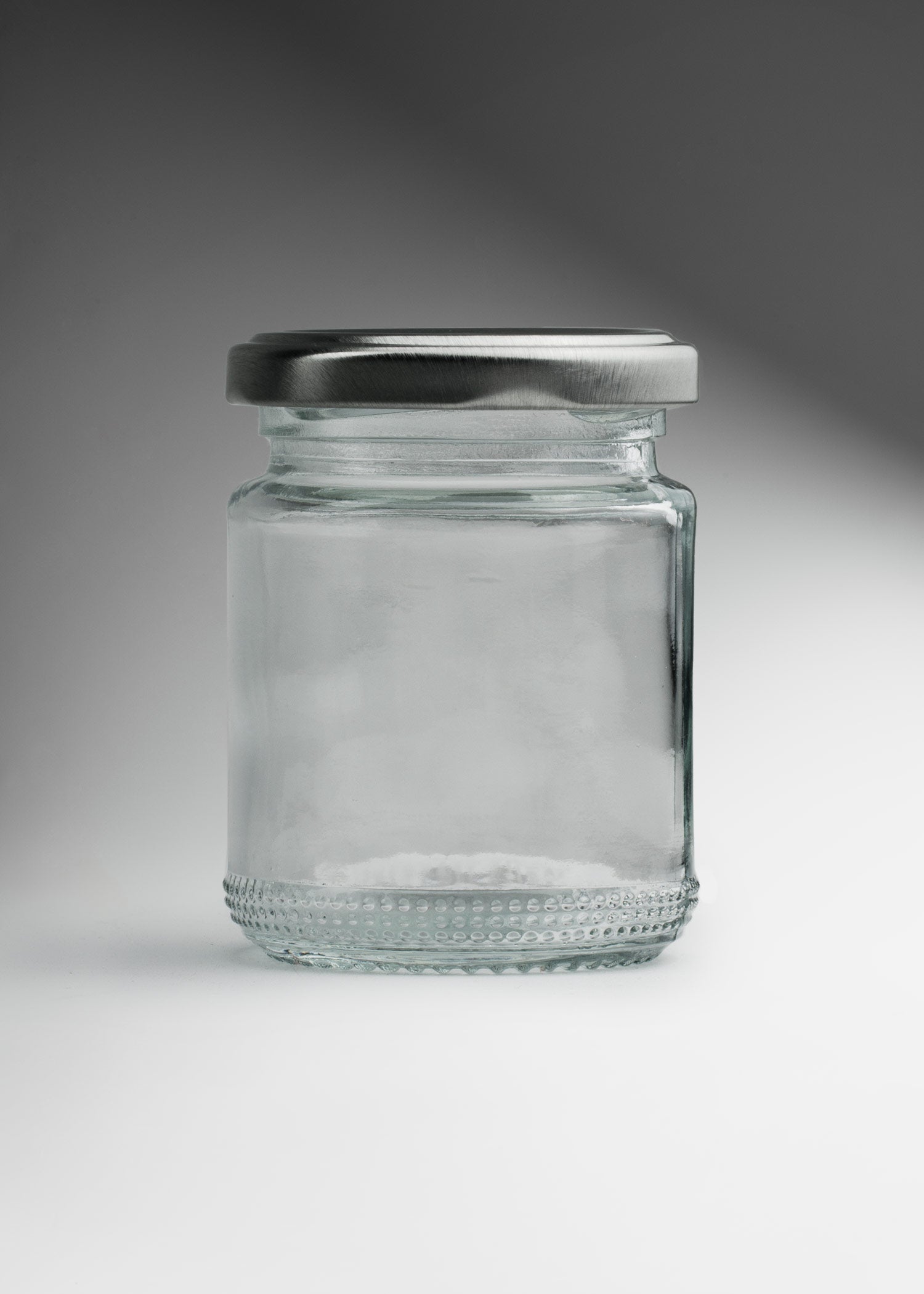 Frascos cilindro de vidrio transparente con tapa plateada de 50 a 500 ml