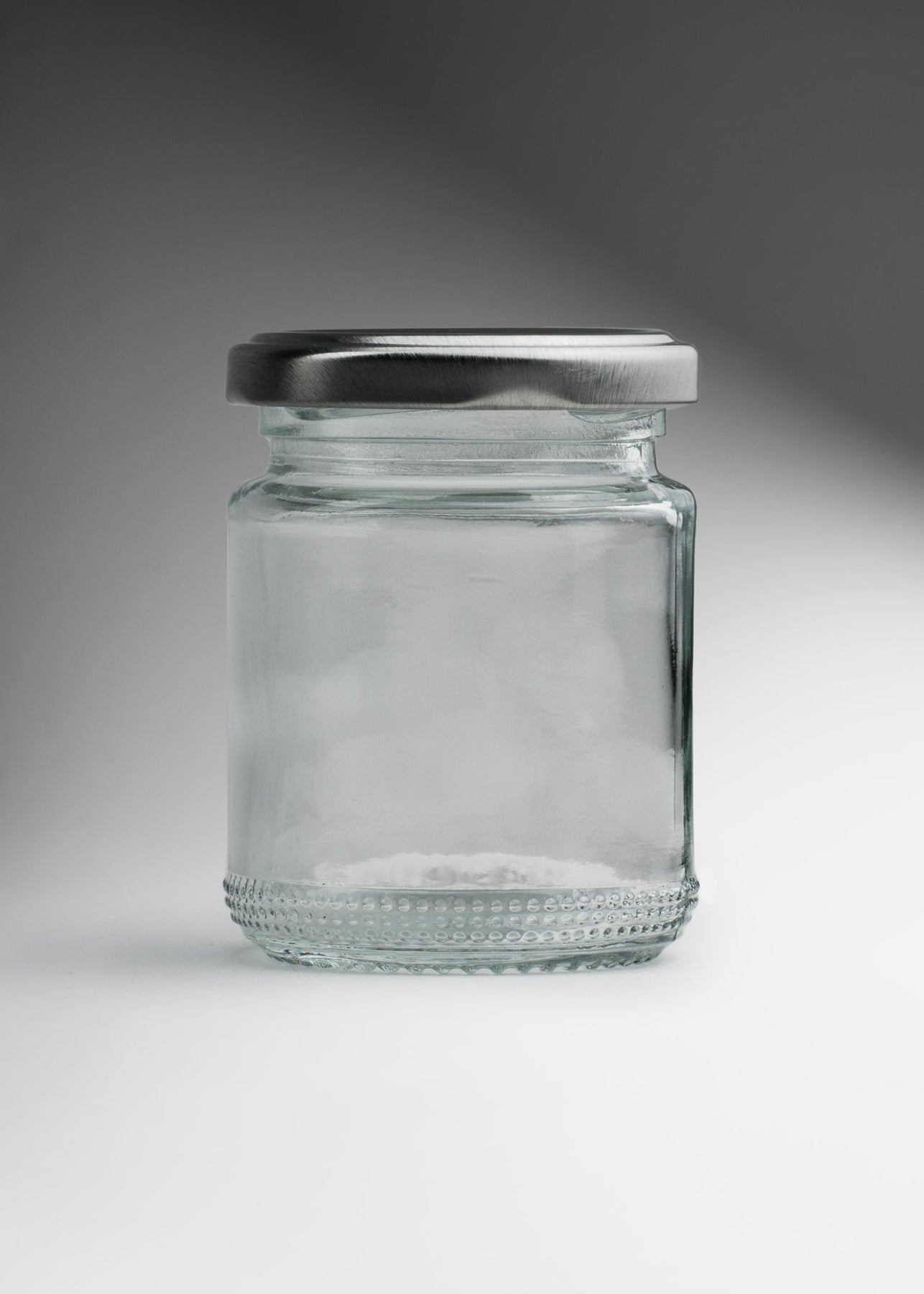 Frascos cilindro de vidrio transparente con tapa plateada de 50 a 500 ml