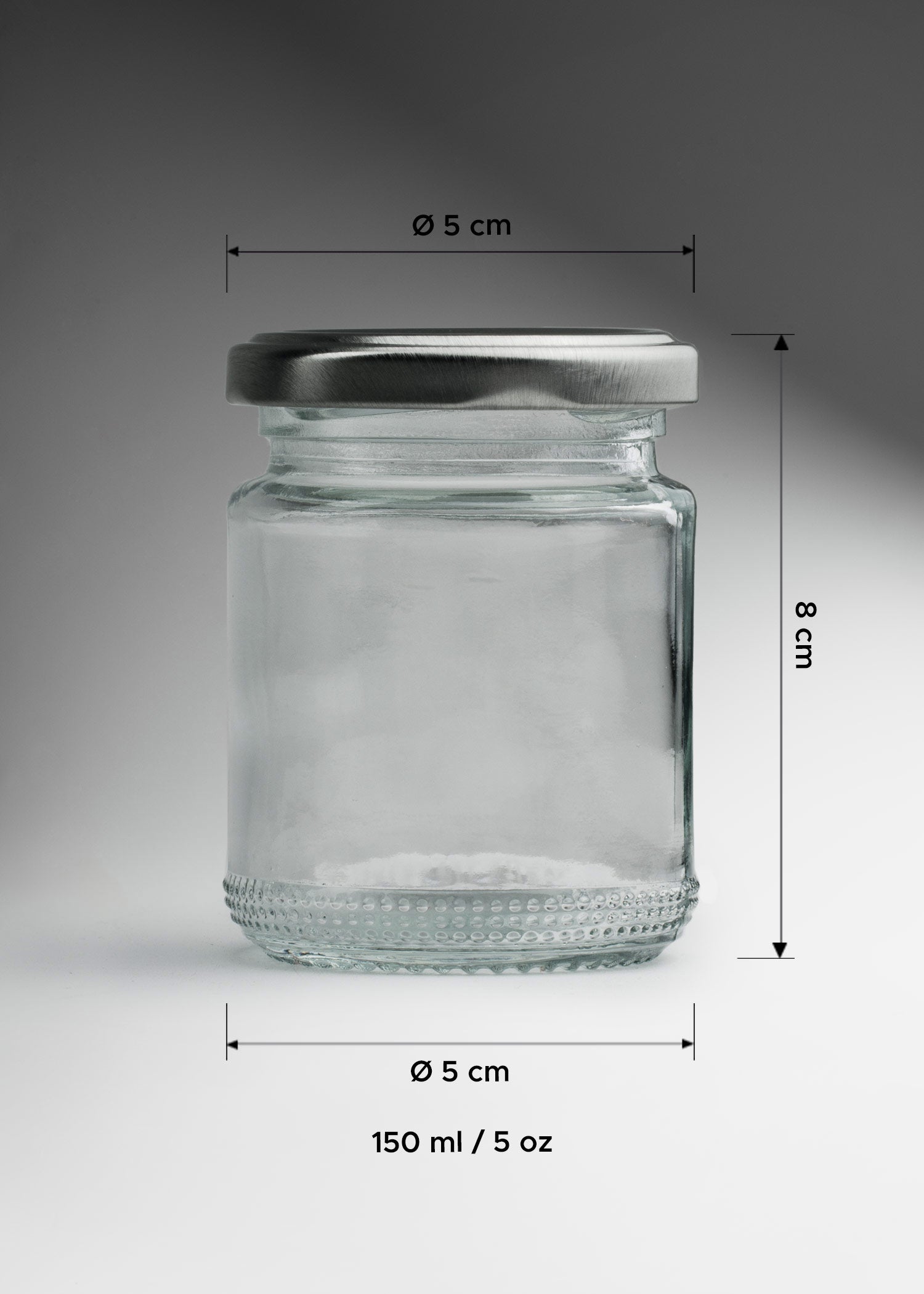 Frascos cilindro de vidrio transparente con tapa plateada de 50 a 500 ml