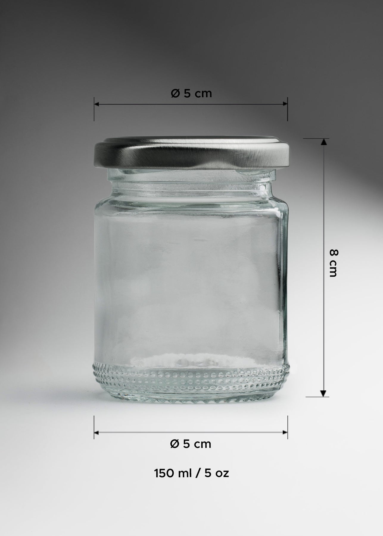 Frascos cilindro de vidrio transparente con tapa plateada de 50 a 500 ml