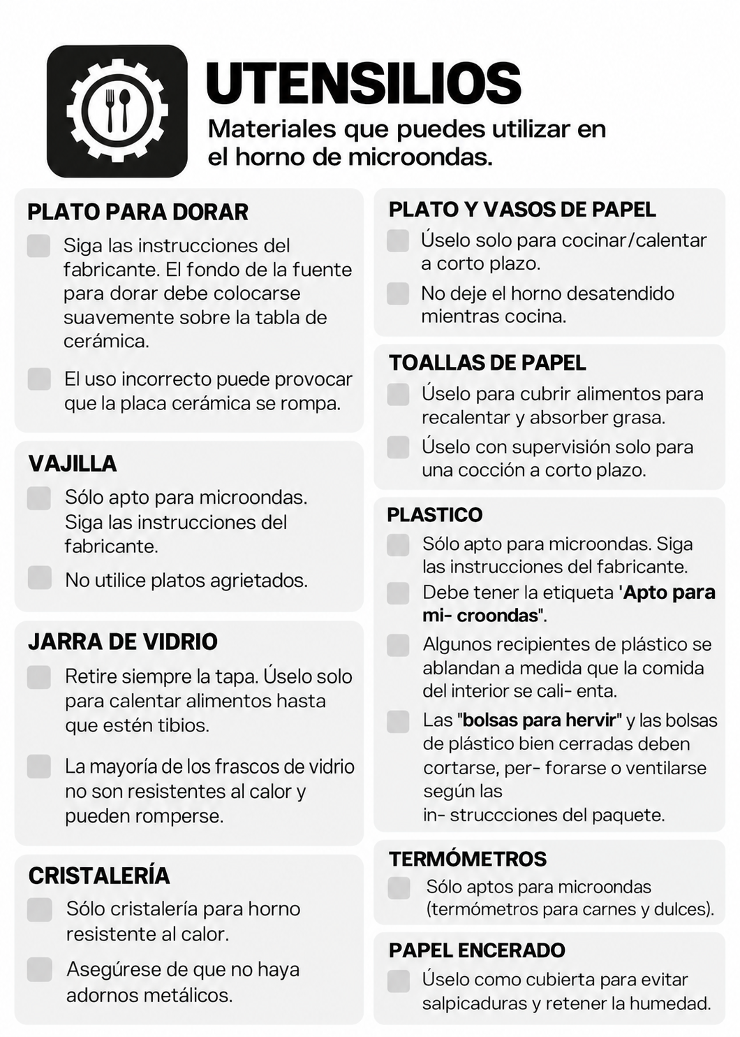 Guía de materiales y recipientes aptos para microondas — Rhino HOMIC-12A