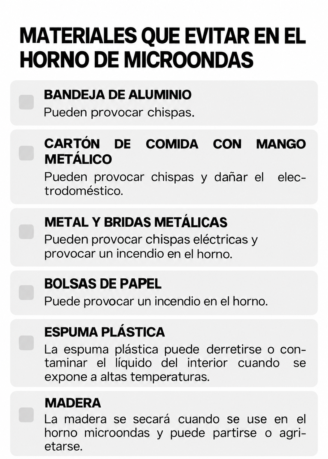 Lista de materiales que deben evitarse en el microondas — Rhino HOMIC-12A
