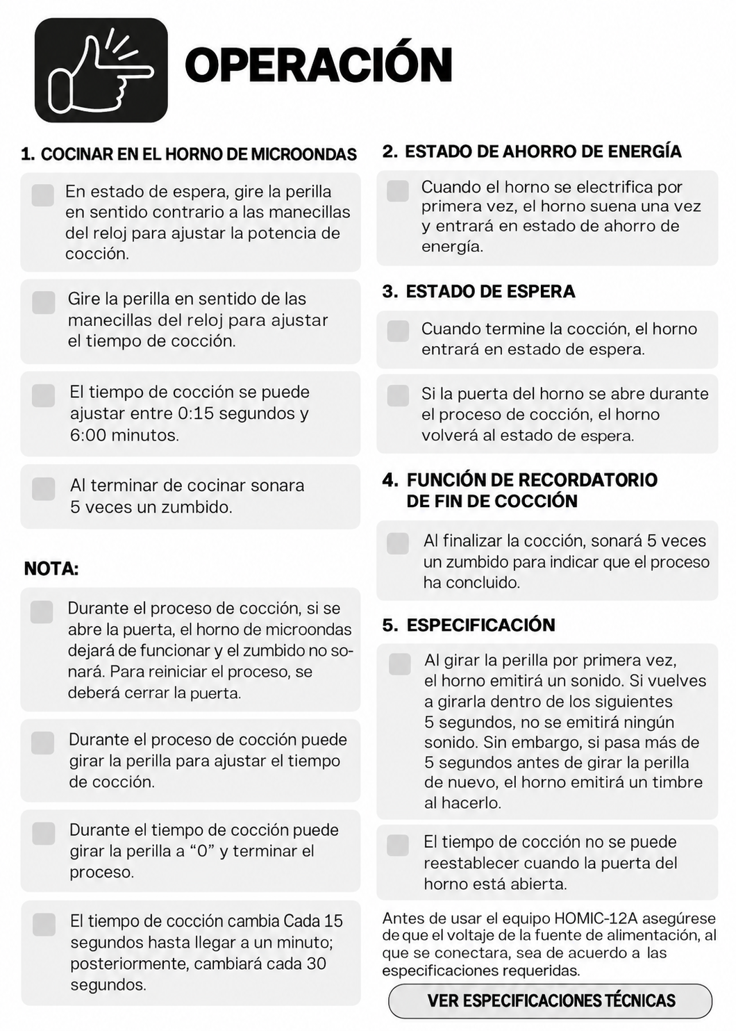 Instrucciones de cocción, temporizador y modos de espera — Rhino HOMIC-12A