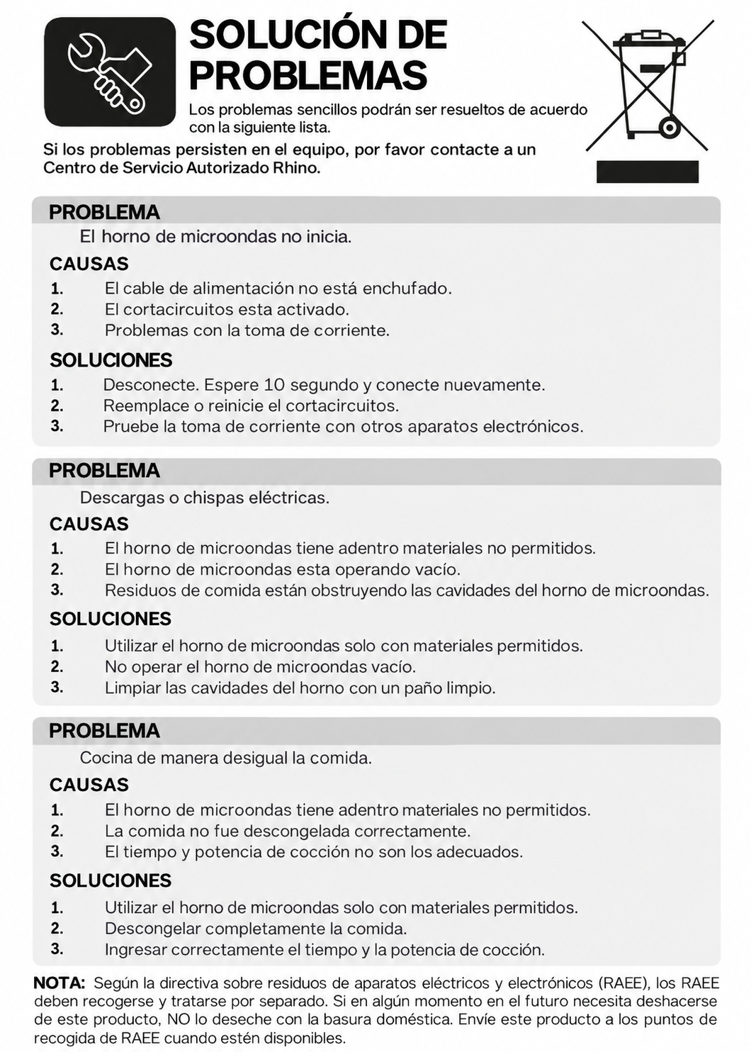 Tabla de problemas frecuentes y soluciones del manual — Rhino HOMIC-12A