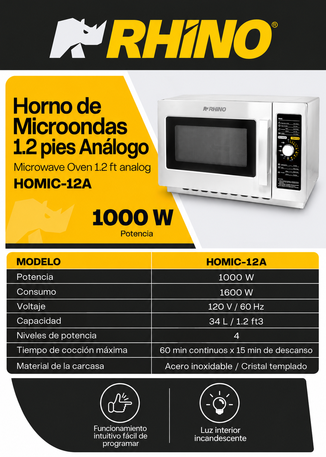 Ficha técnica del microondas análogo de 34 L, 1.2 pies cúbicos y 1000 W — Rhino HOMIC-12A
