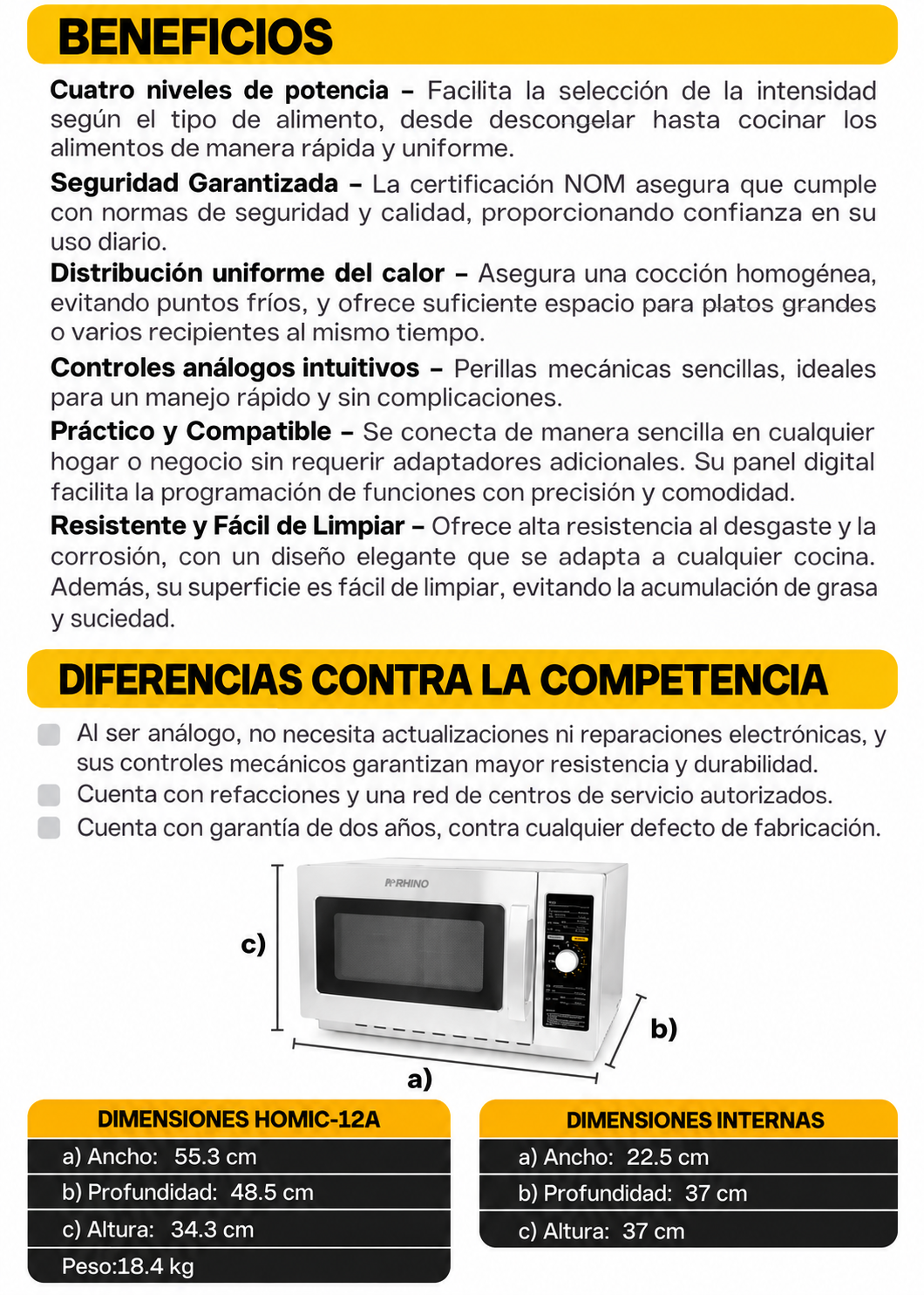 Ficha de características y dimensiones del microondas análogo — Rhino HOMIC-12A