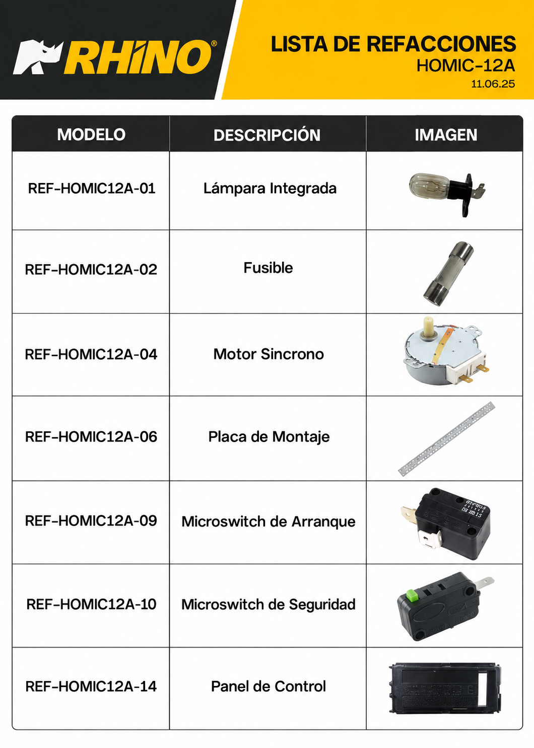 Catálogo de refacciones: lámpara, fusible, motor y panel de control — Rhino HOMIC-12A