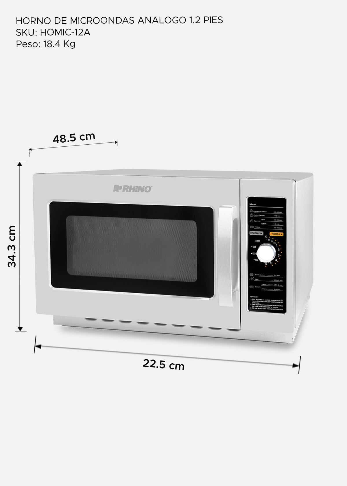 Diagrama de medidas del horno de microondas análogo — Rhino HOMIC-12A