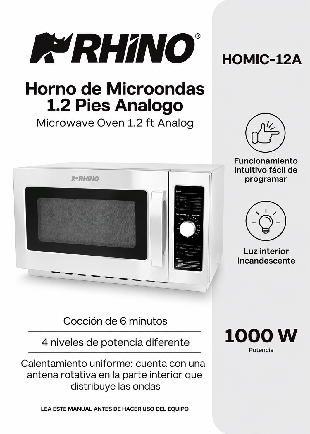 Portada del manual con cuatro niveles de potencia y control análogo — Rhino HOMIC-12A