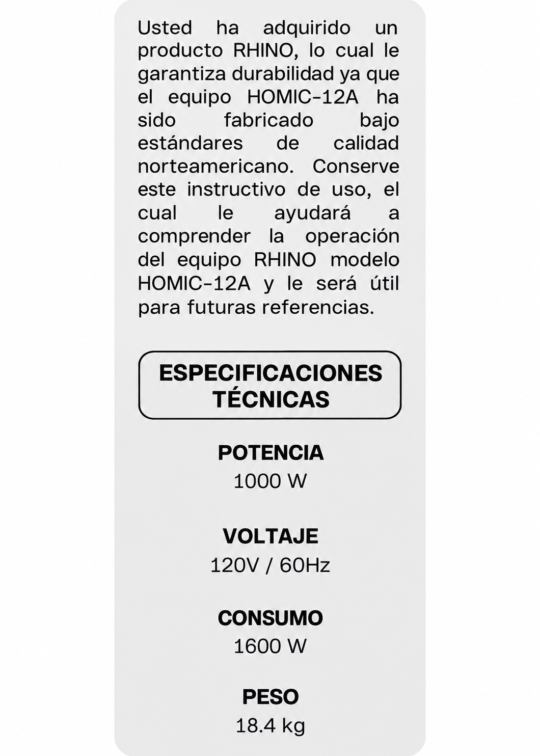Especificaciones eléctricas y peso en el manual del microondas — Rhino HOMIC-12A