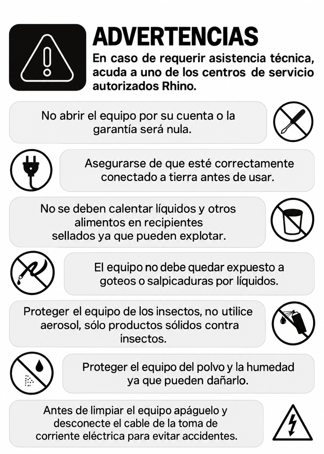 Advertencias de conexión, recipientes y protección del equipo — Rhino HOMIC-12A