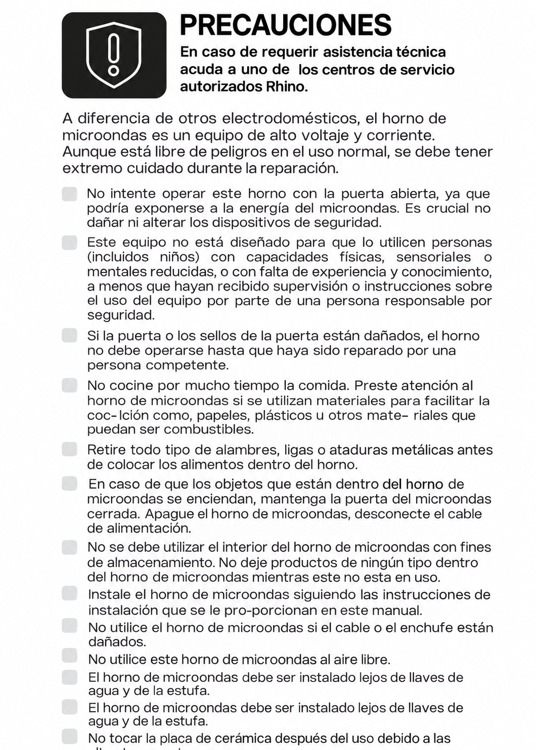 Precauciones de uso y cuidado de la puerta del microondas — Rhino HOMIC-12A
