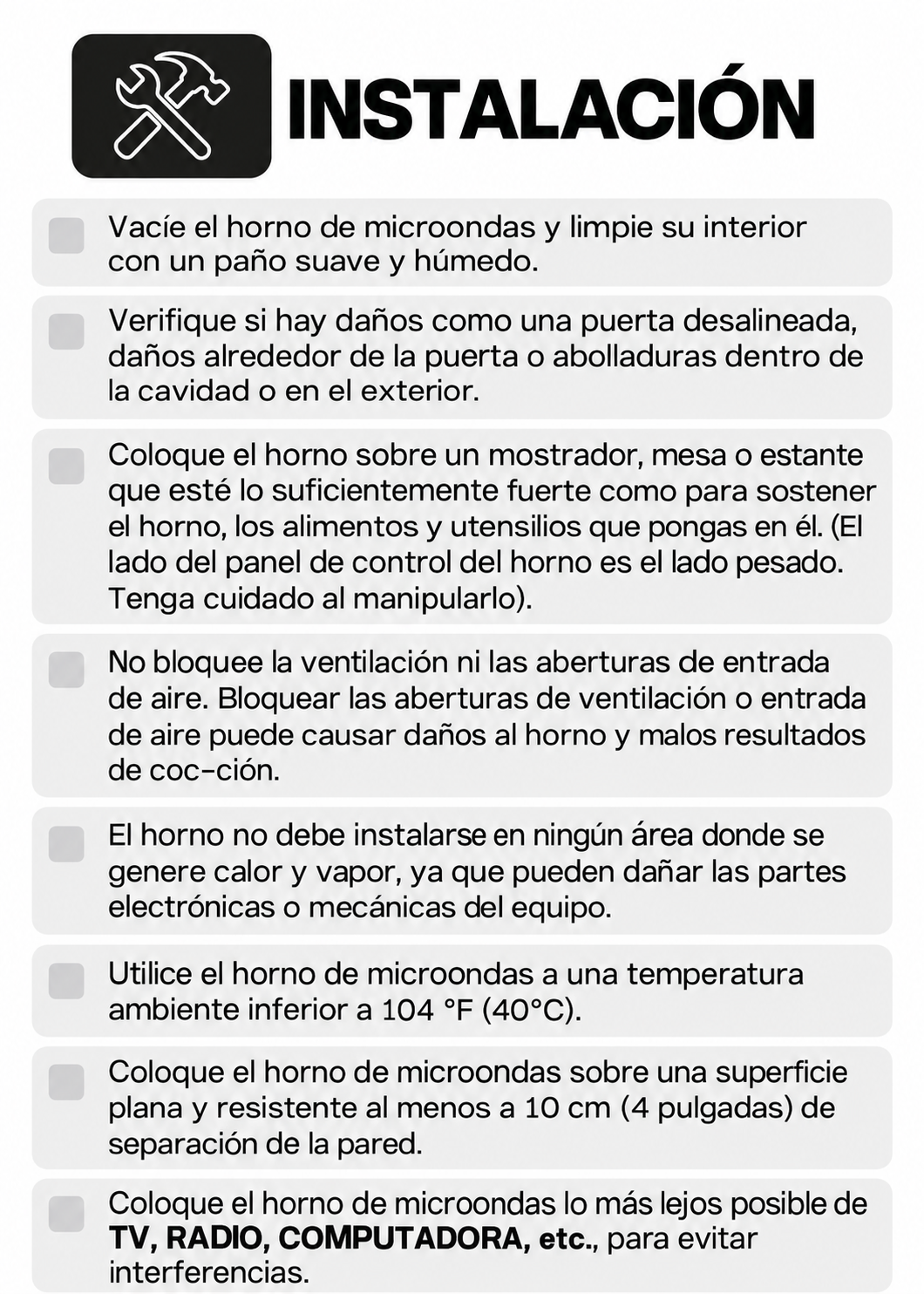 Instrucciones de instalación y espacio de ventilación — Rhino HOMIC-12A