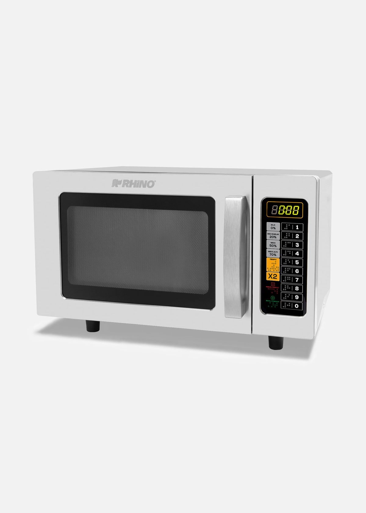 Vista en ángulo del horno de microondas digital de acero inoxidable — Rhino HOMIC-09D