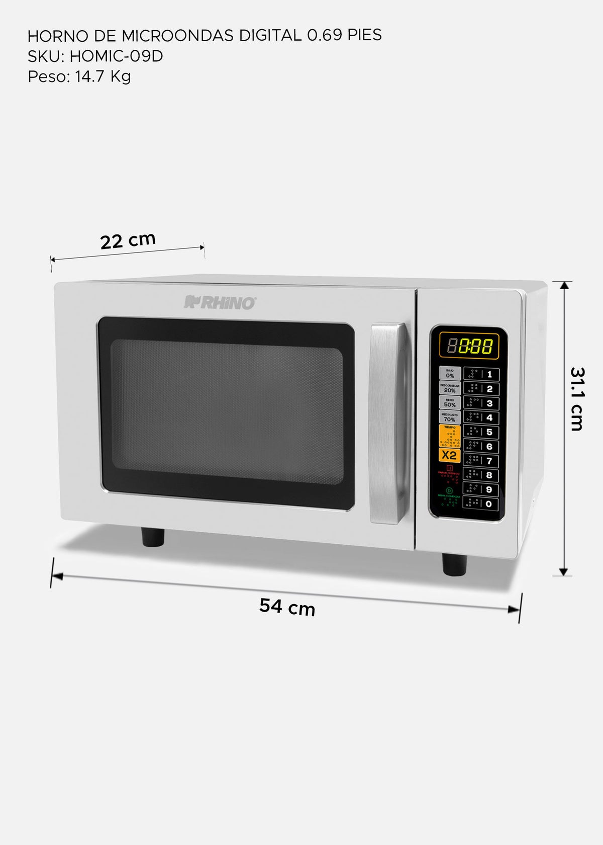 Diagrama de medidas del horno de microondas digital — Rhino HOMIC-09D