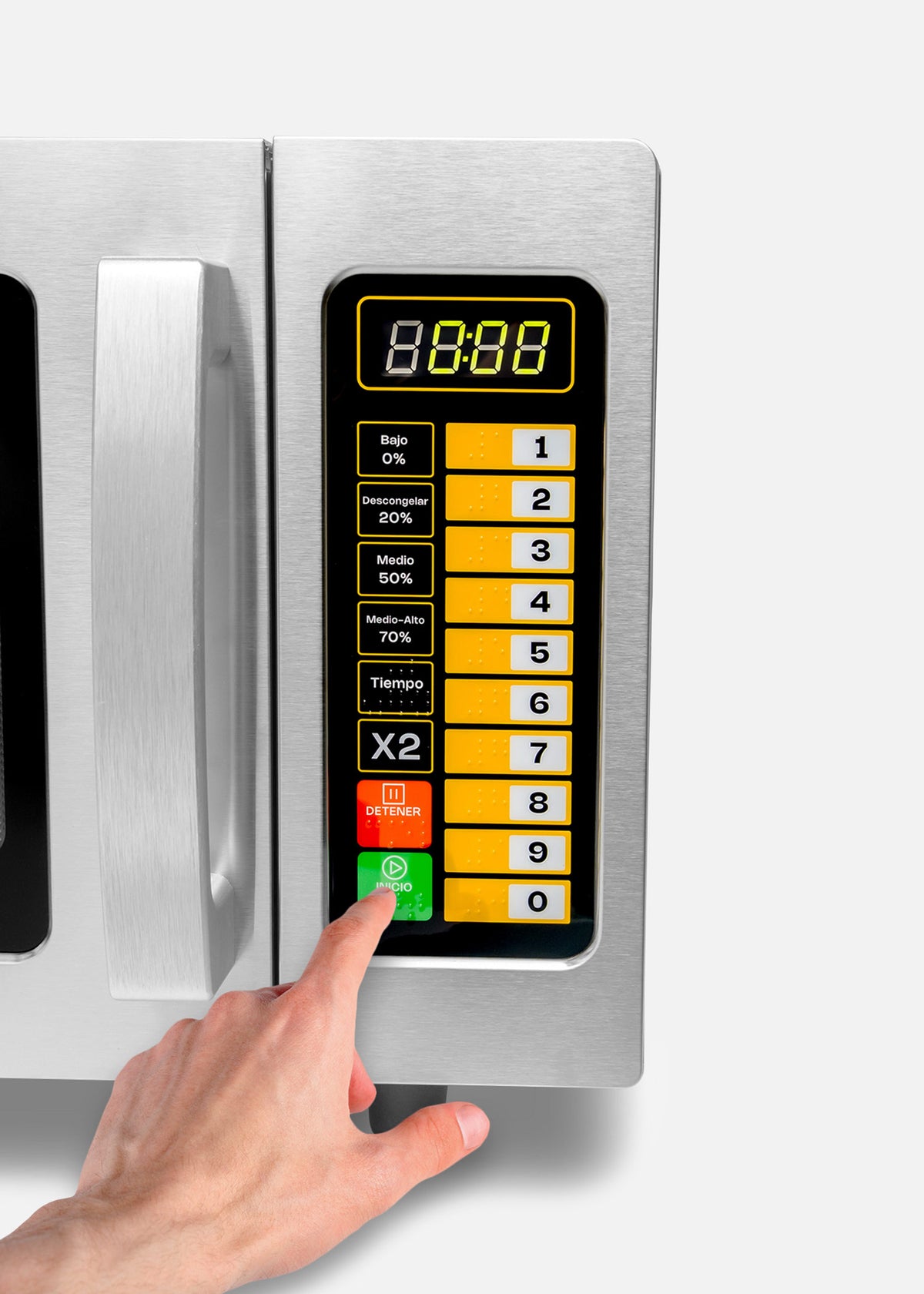 Detalle de una mano presionando el botón de inicio del panel digital — Rhino HOMIC-09D
