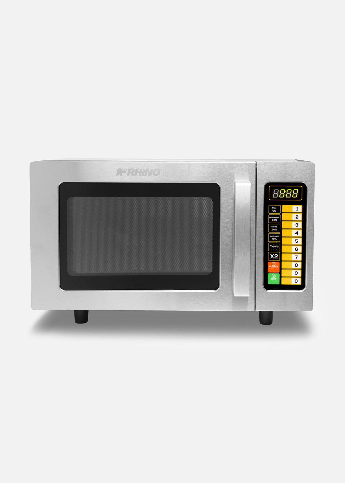 Vista frontal del microondas con puerta cerrada y teclado numérico — Rhino HOMIC-09D