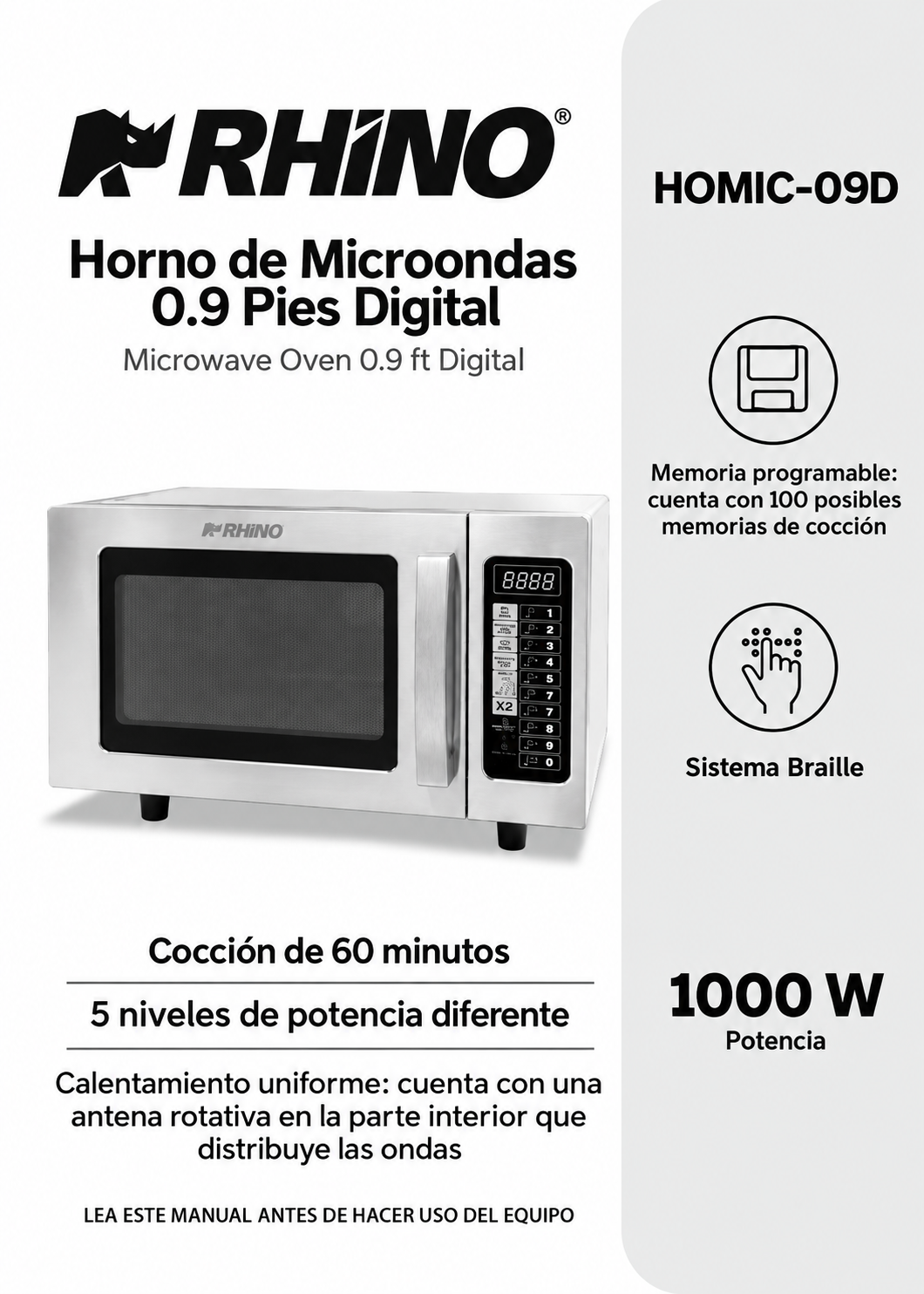 Portada del manual del microondas digital de 0.9 pies cúbicos — Rhino HOMIC-09D