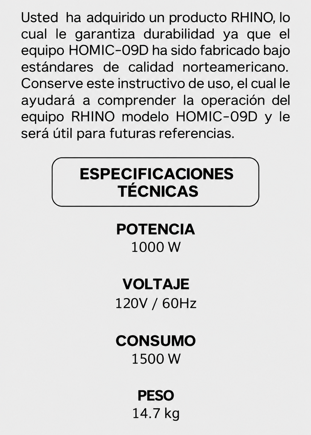 Especificaciones eléctricas y peso en el manual del microondas — Rhino HOMIC-09D