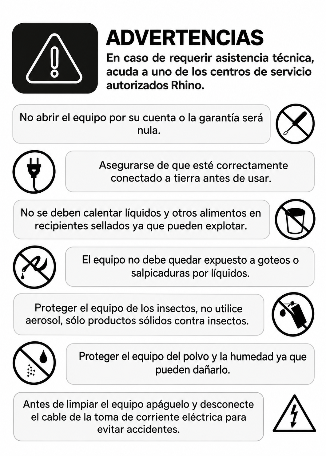 Advertencias del manual sobre conexión, recipientes y limpieza — Rhino HOMIC-09D