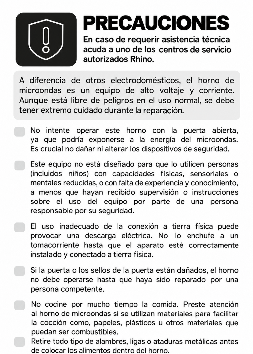 Precauciones del manual para uso seguro del microondas — Rhino HOMIC-09D