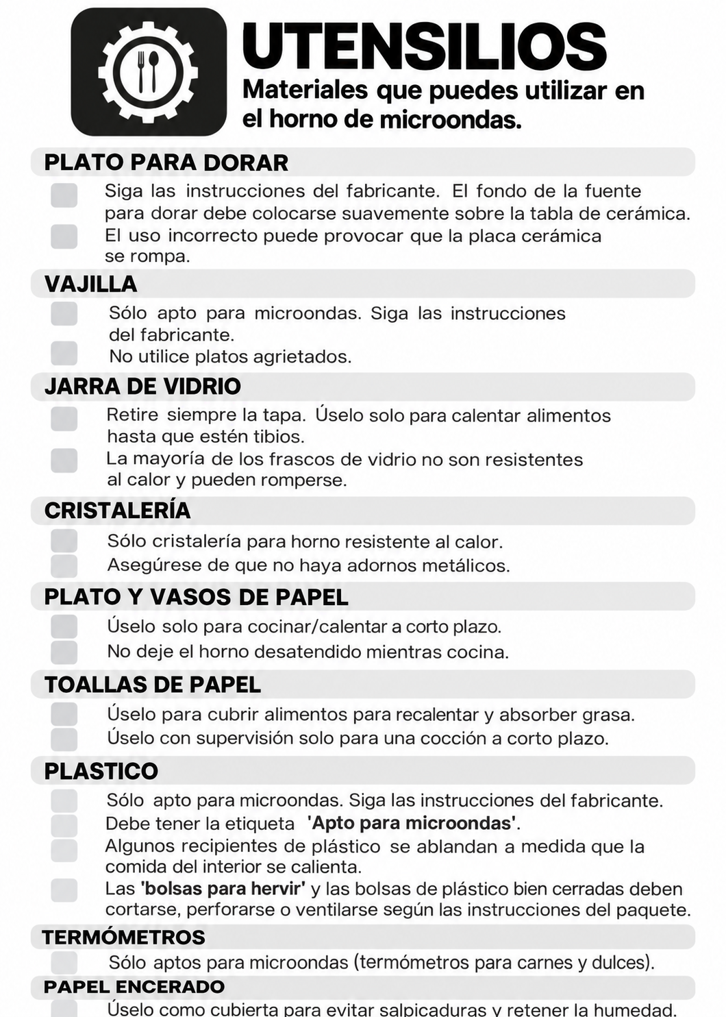 Guía de utensilios y recipientes aptos para microondas — Rhino HOMIC-09D