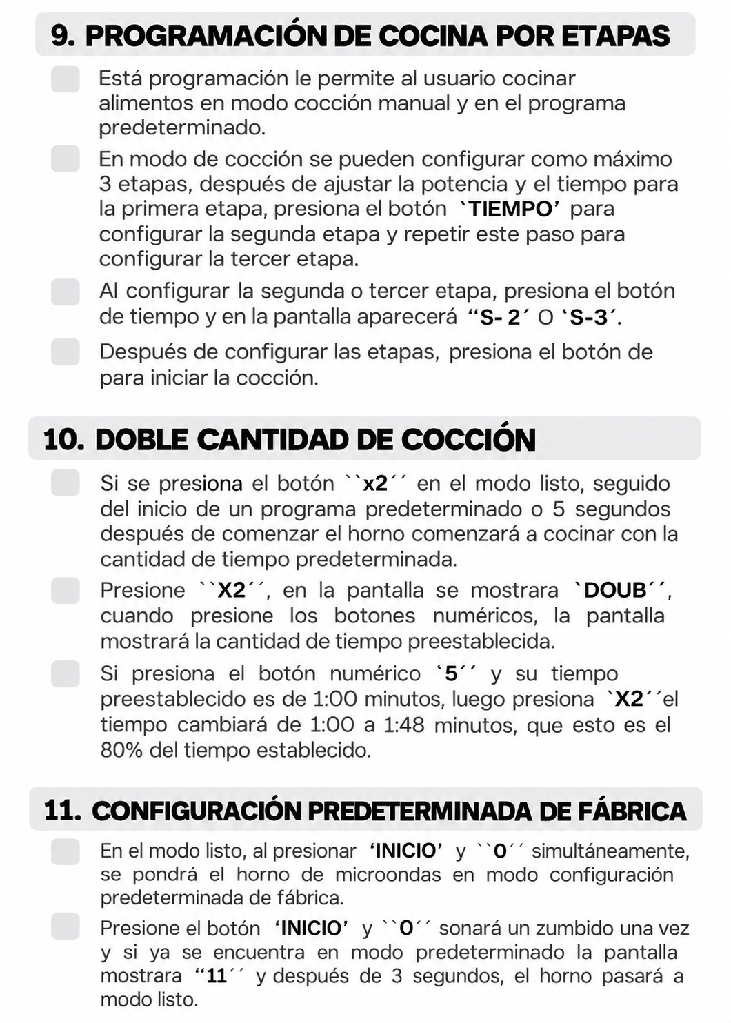 Programación por etapas, función X2 y ajustes de fábrica — Rhino HOMIC-09D