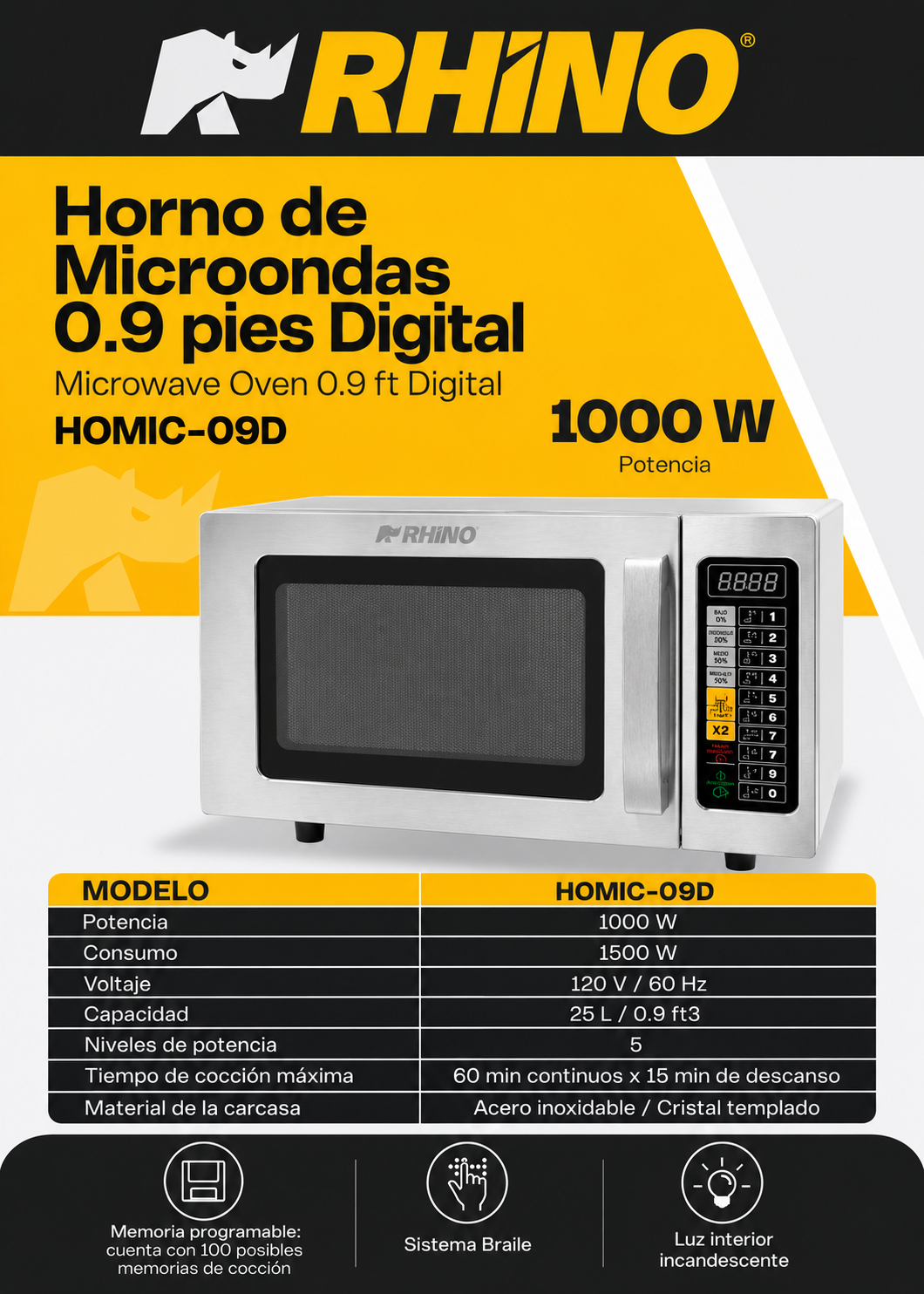 Ficha técnica del microondas digital de 25 L, 0.9 pies cúbicos y 1000 W — Rhino HOMIC-09D