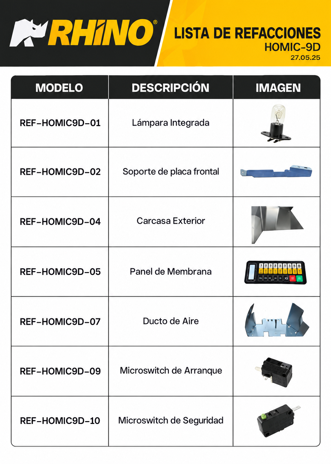 Catálogo de refacciones: lámpara, carcasa, membrana y microinterruptores — Rhino HOMIC-09D