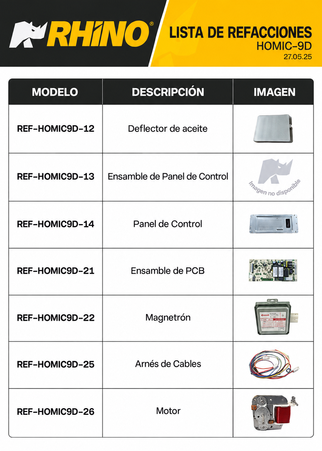 Catálogo de refacciones: panel, tarjeta electrónica, magnetrón y motor — Rhino HOMIC-09D