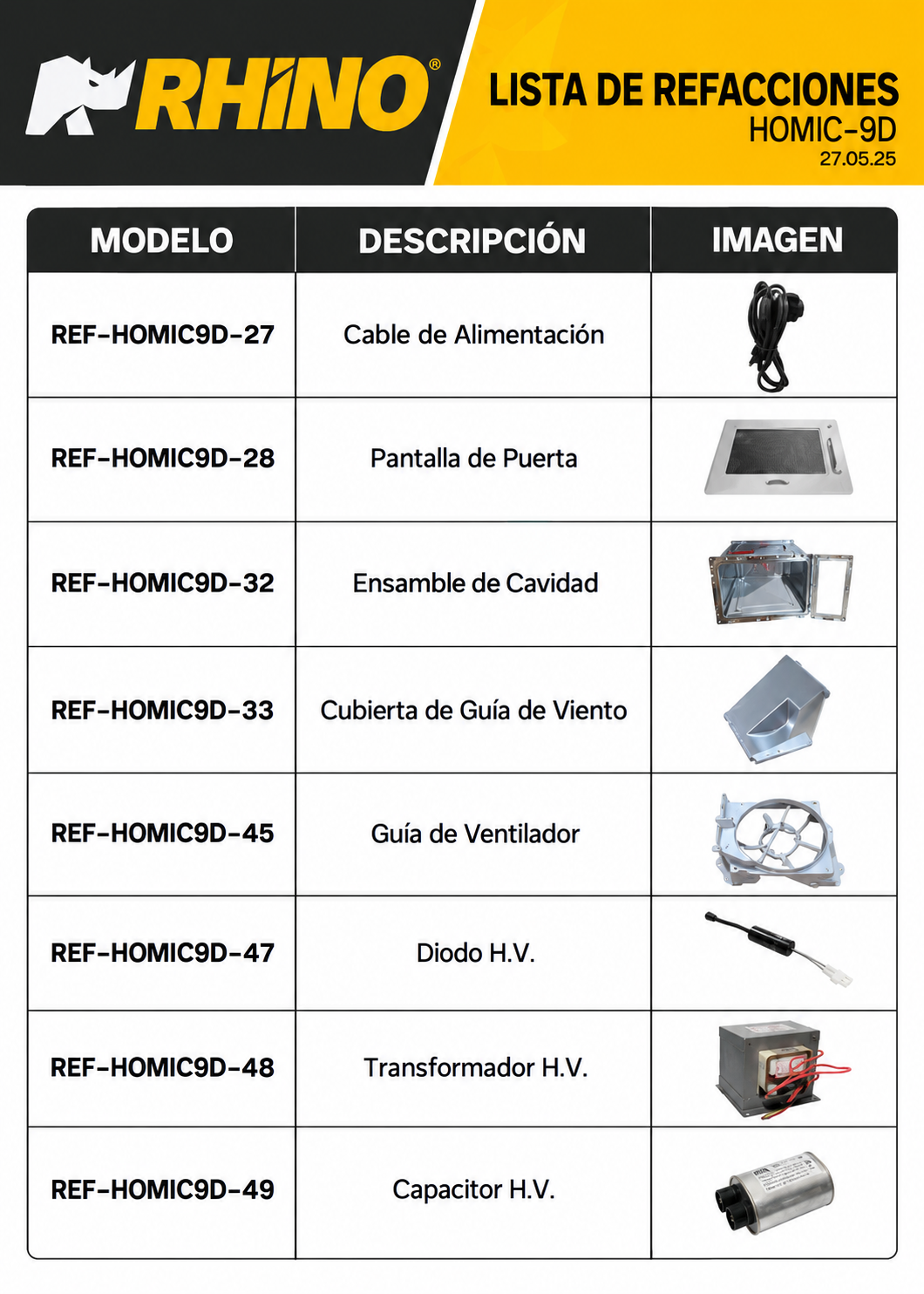 Catálogo de refacciones: cable, puerta y componentes de alta tensión — Rhino HOMIC-09D