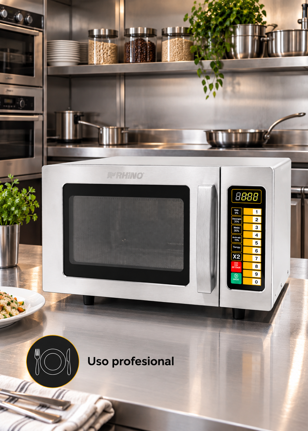 Microondas digital sobre mesa de acero en cocina profesional — Rhino HOMIC-09D