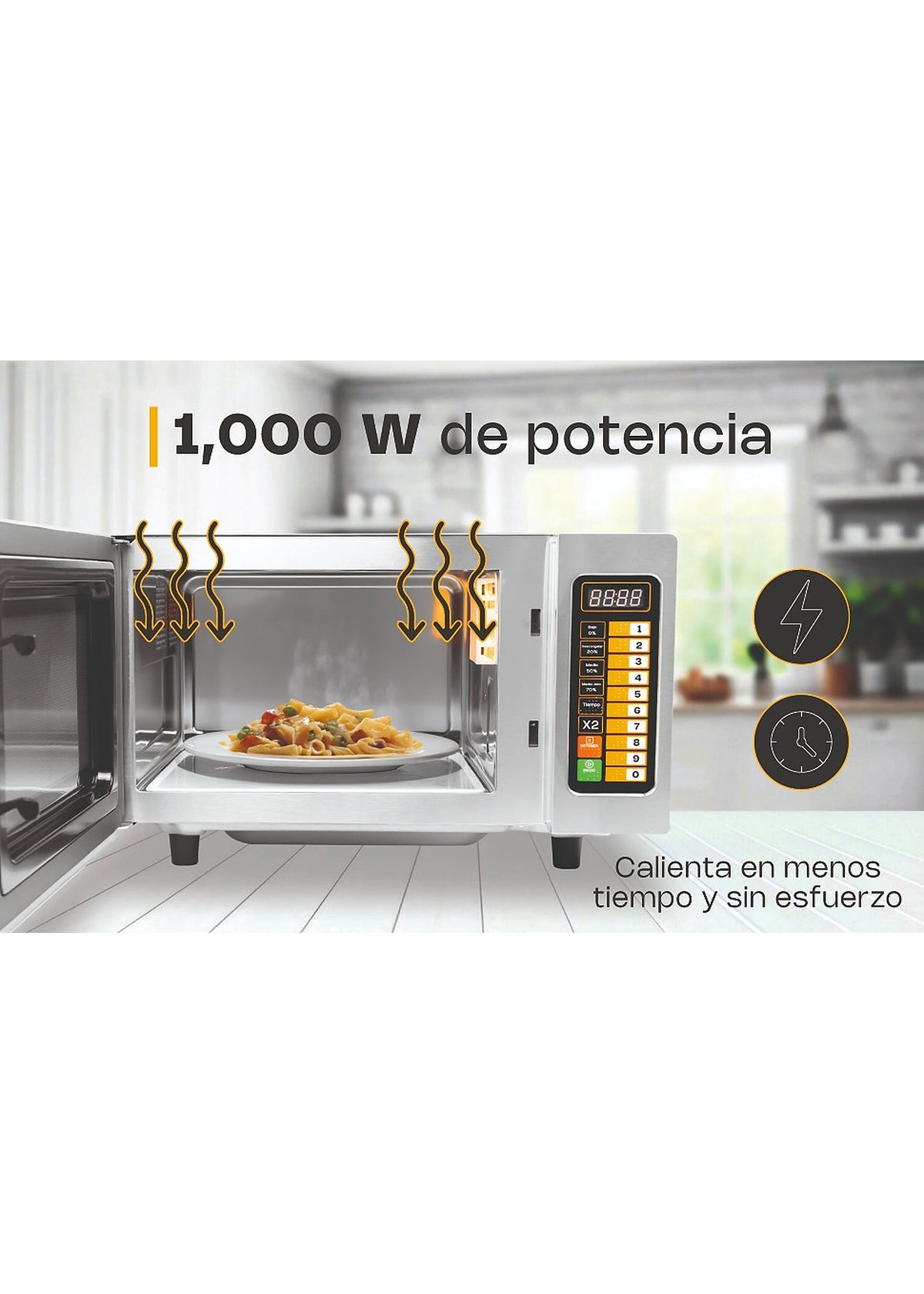 Microondas abierto con un plato de comida y gráfico de potencia — Rhino HOMIC-09D