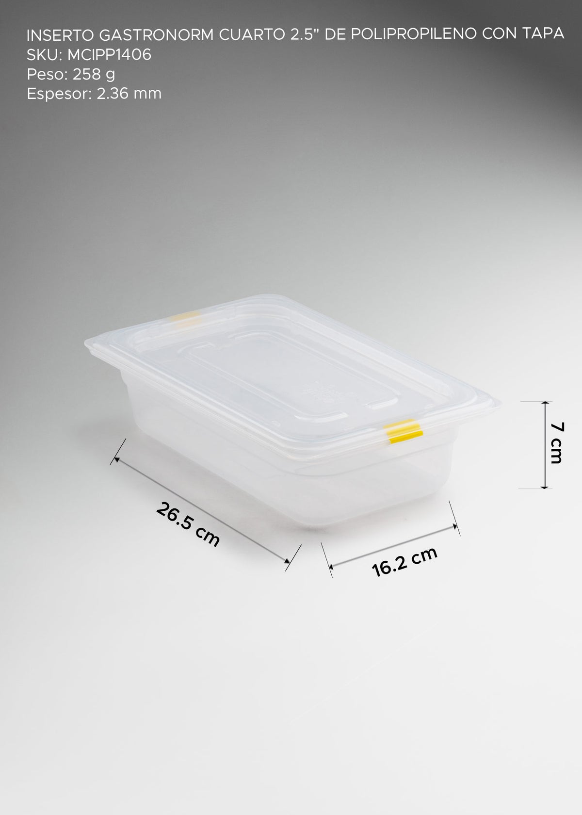 Medidas del inserto con tapa: 26.5 cm de largo, 16.2 cm de ancho y 7 cm de alto.