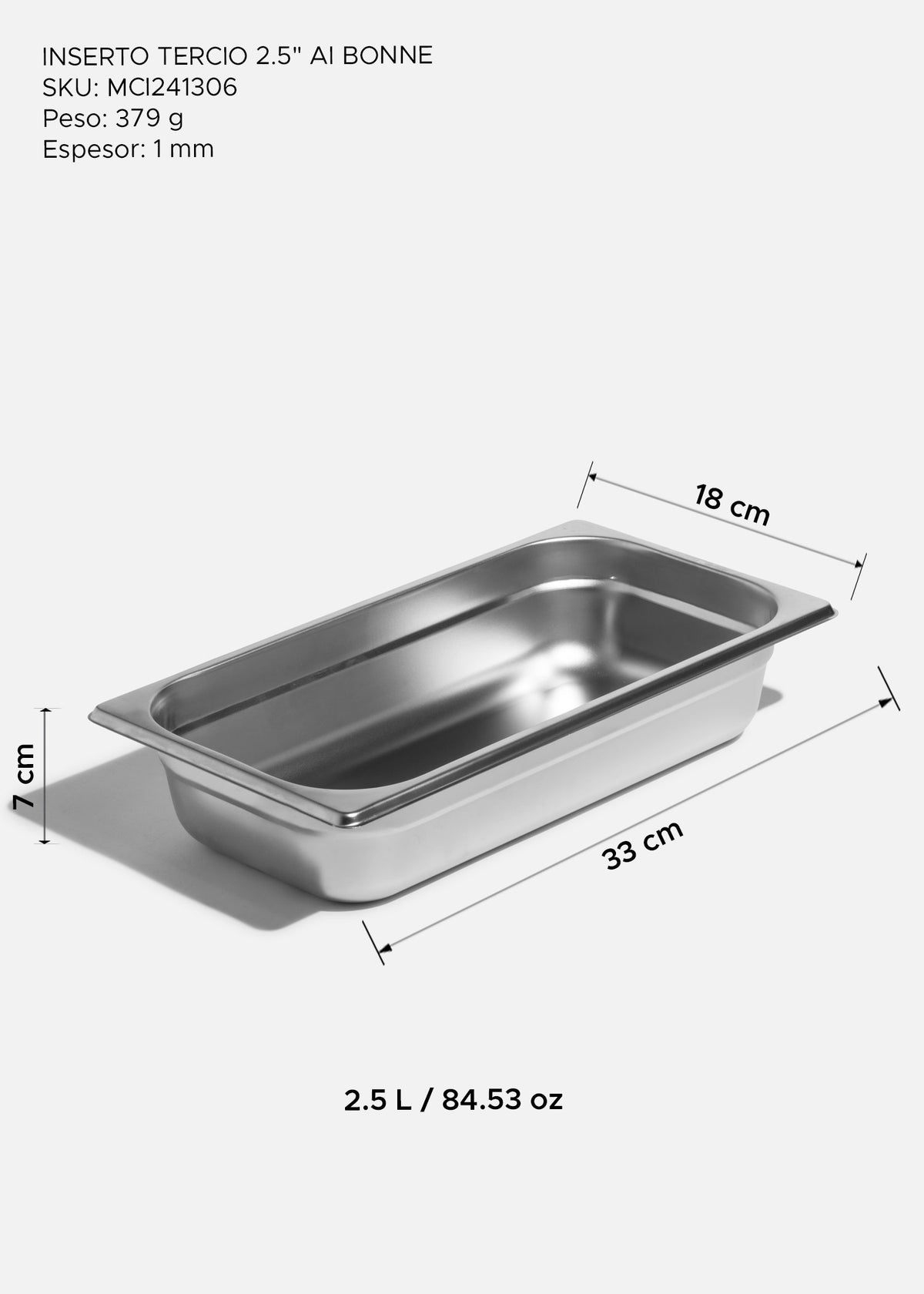 Inserto tercio de acero inoxidable plata de 2.5 pulgadas, detalle de producto