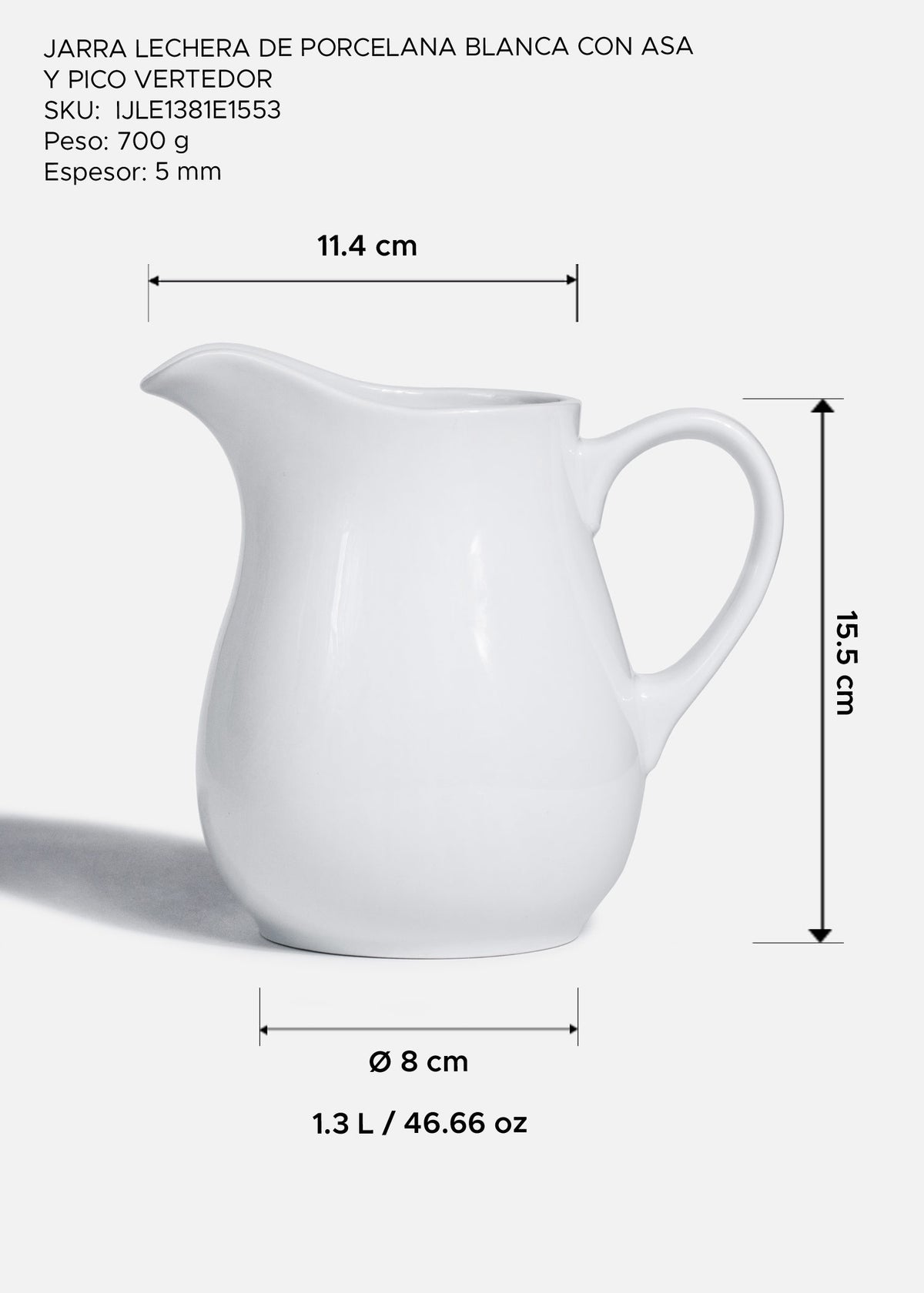 Medidas de jarra lechera: alto 15.5 cm, abertura con pico 11.4 cm y base 8 cm.