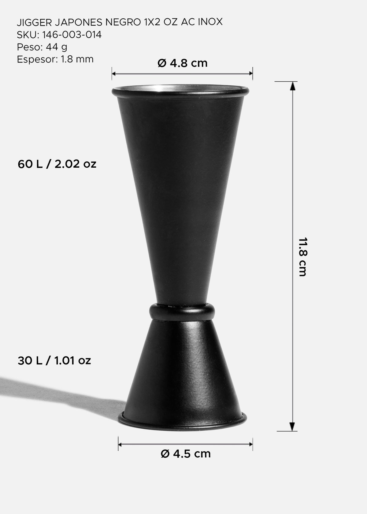 Jigger japonés negro de acero inoxidable de 30/60 ml (1x2 oz), detalle de producto