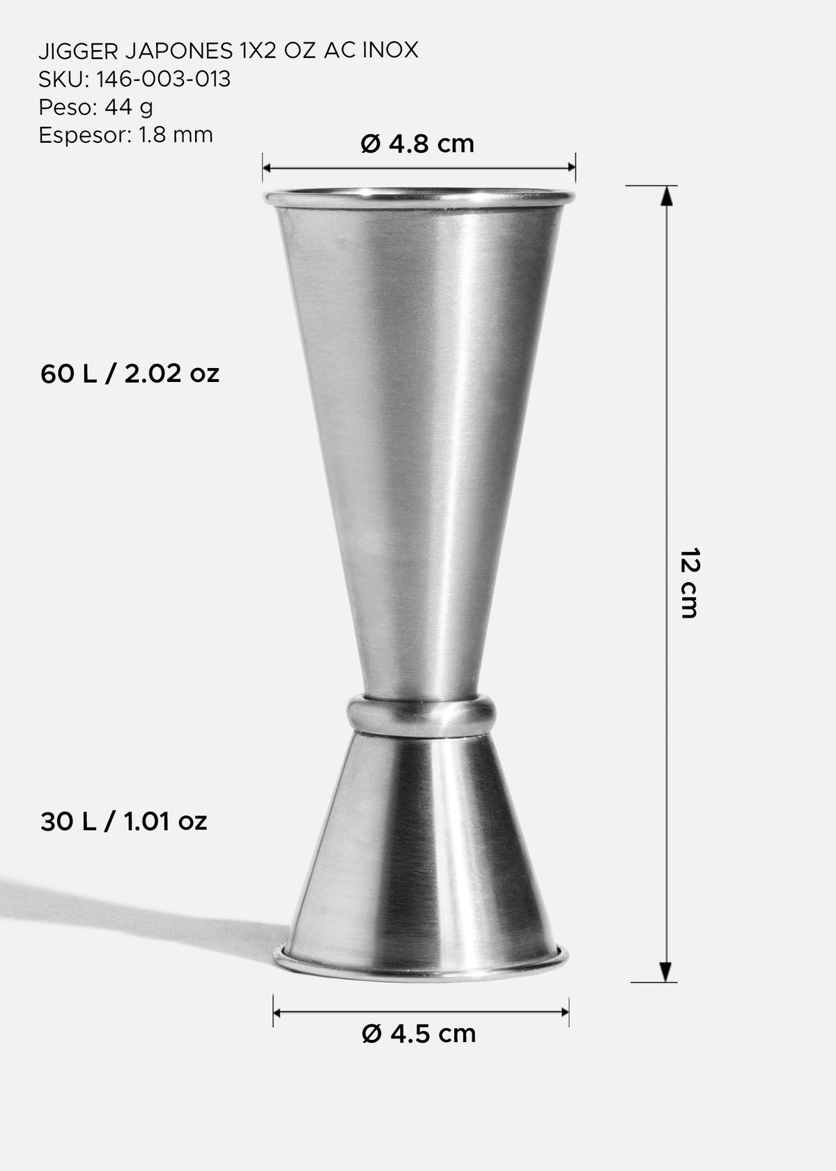 Jigger japonés de acero inoxidable plata de 30/60 ml (1x2 oz), detalle de producto