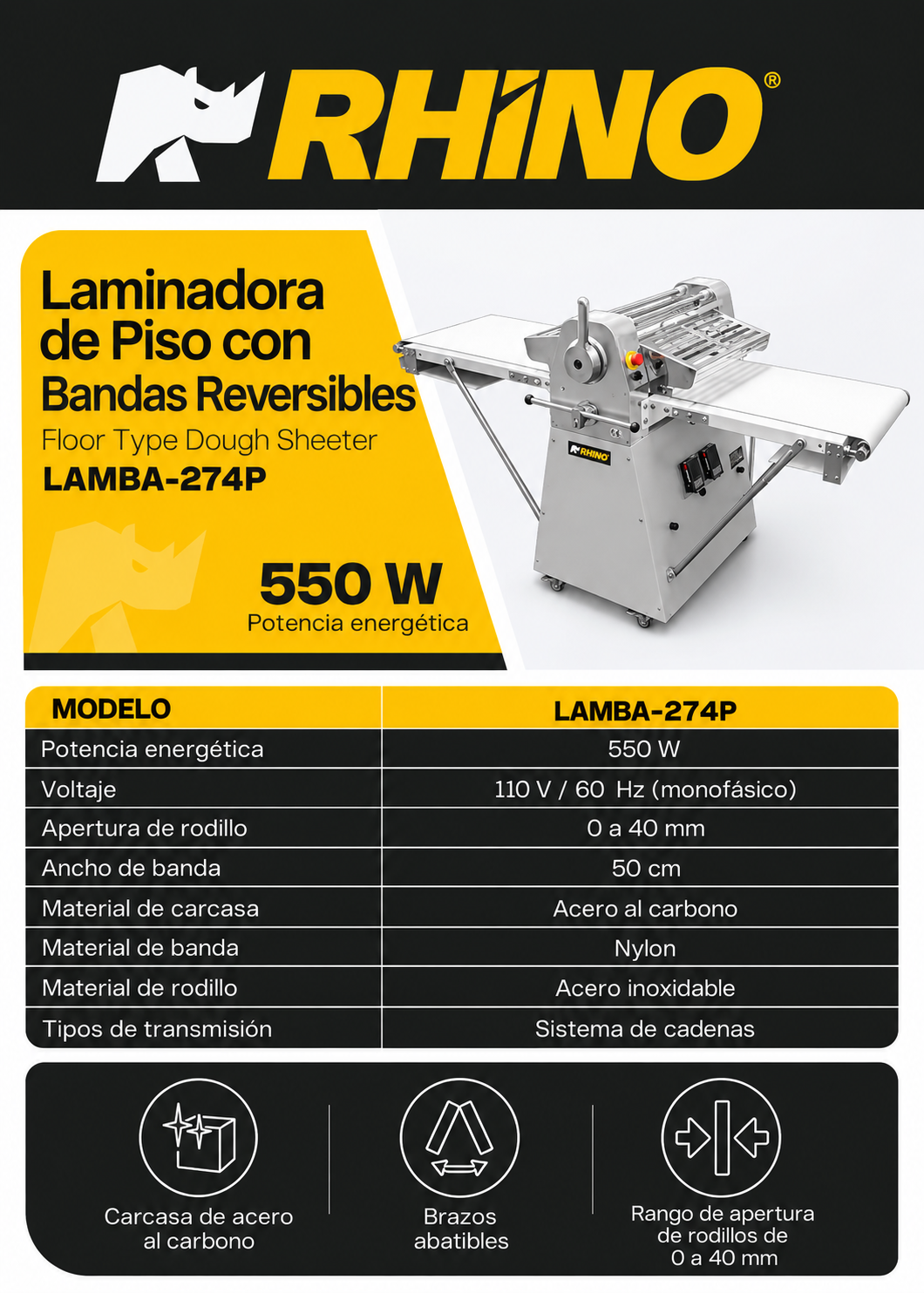 Ficha técnica de la laminadora de 550 W con bandas de 50 cm — Rhino LAMBA-274P