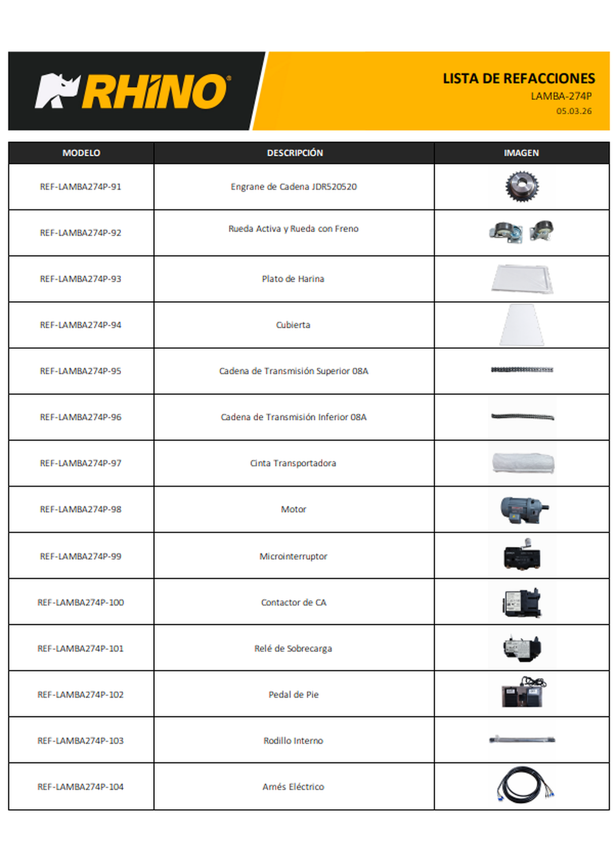 Catálogo de refacciones: ruedas, banda transportadora, motor y pedal — Rhino LAMBA-274P