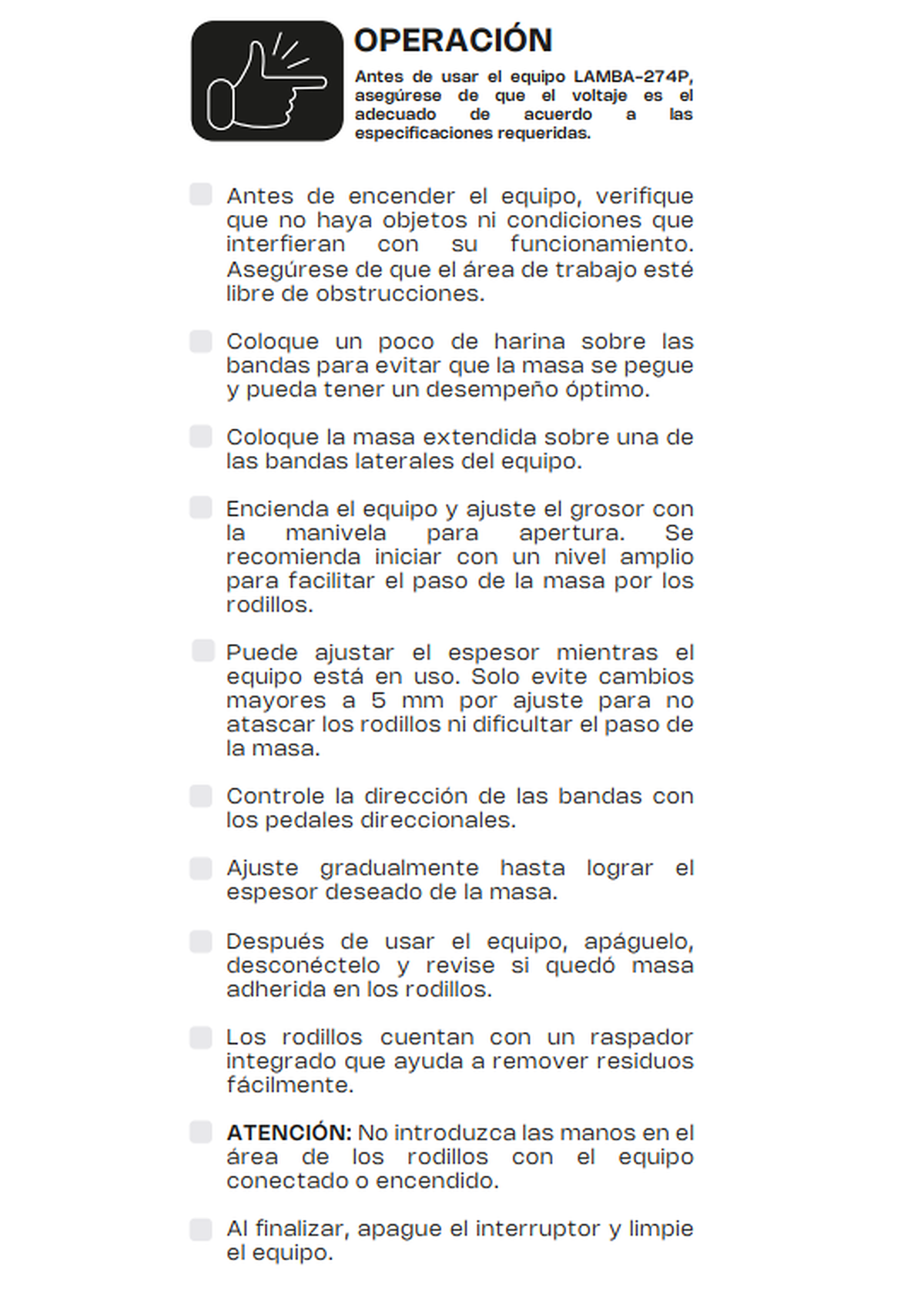 Instrucciones de operación y ajuste gradual del grosor de la masa — Rhino LAMBA-274P