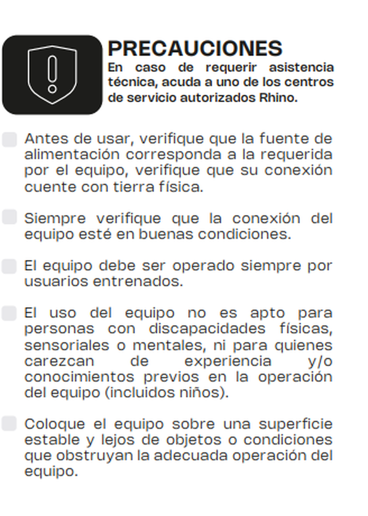 Precauciones de alimentación eléctrica y operación por personal capacitado — Rhino LAMBA-274P