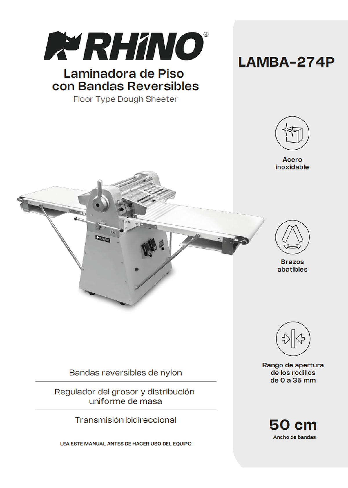 Portada del manual de la laminadora de piso con bandas reversibles — Rhino LAMBA-274P