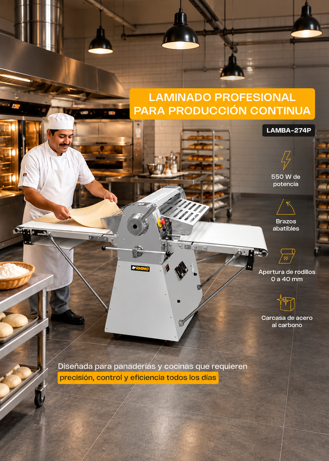 Panadero trabajando masa en una laminadora de piso — Rhino LAMBA-274P