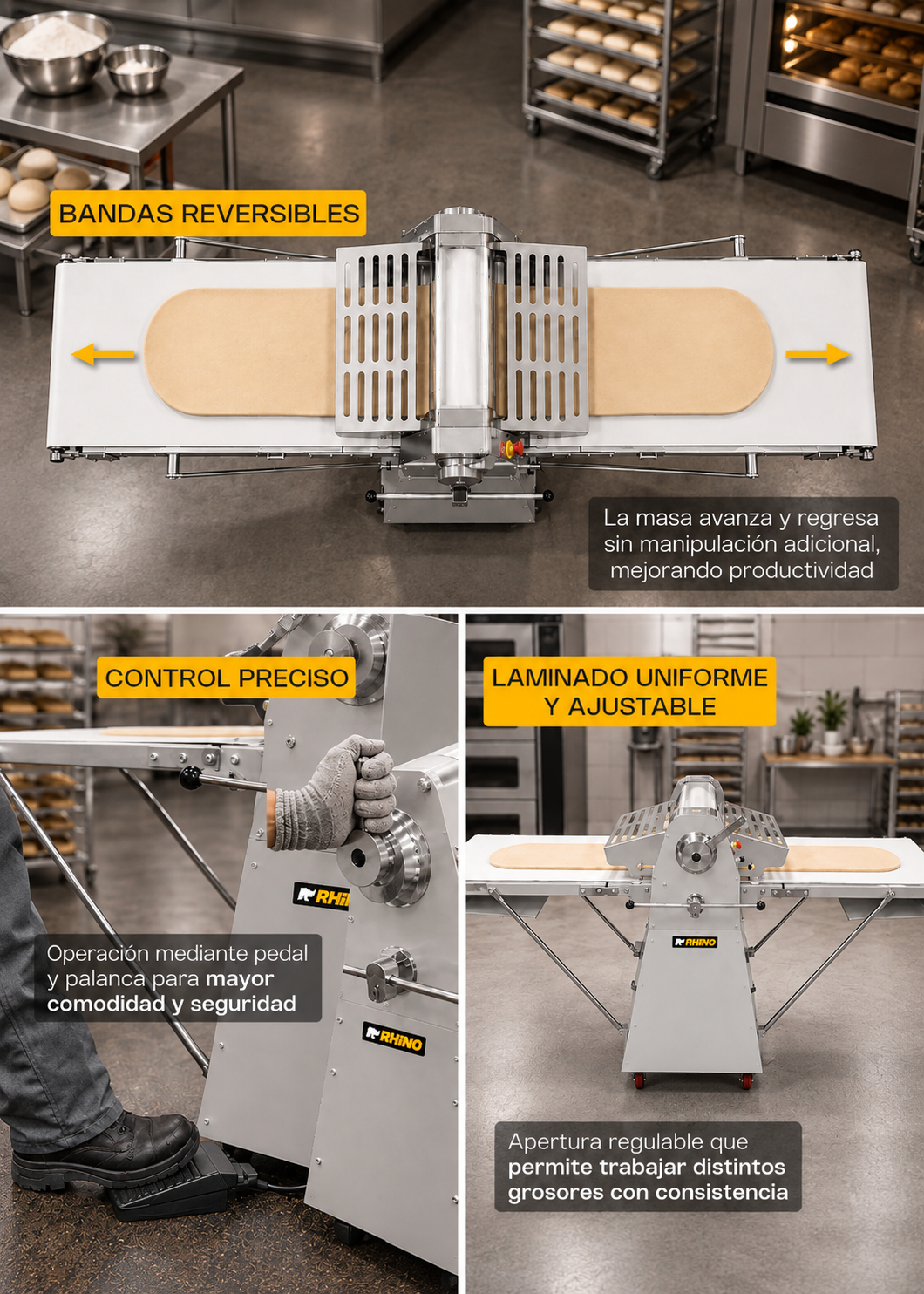 Infografía de bandas reversibles, pedal y ajuste del rodillo — Rhino LAMBA-274P