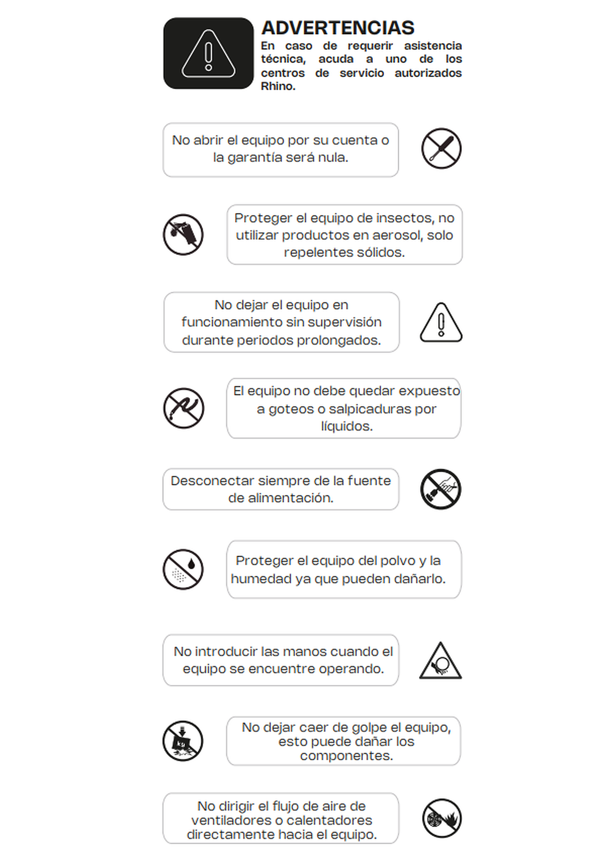 Advertencias de operación y protección del equipo — Rhino LAMBA-274P