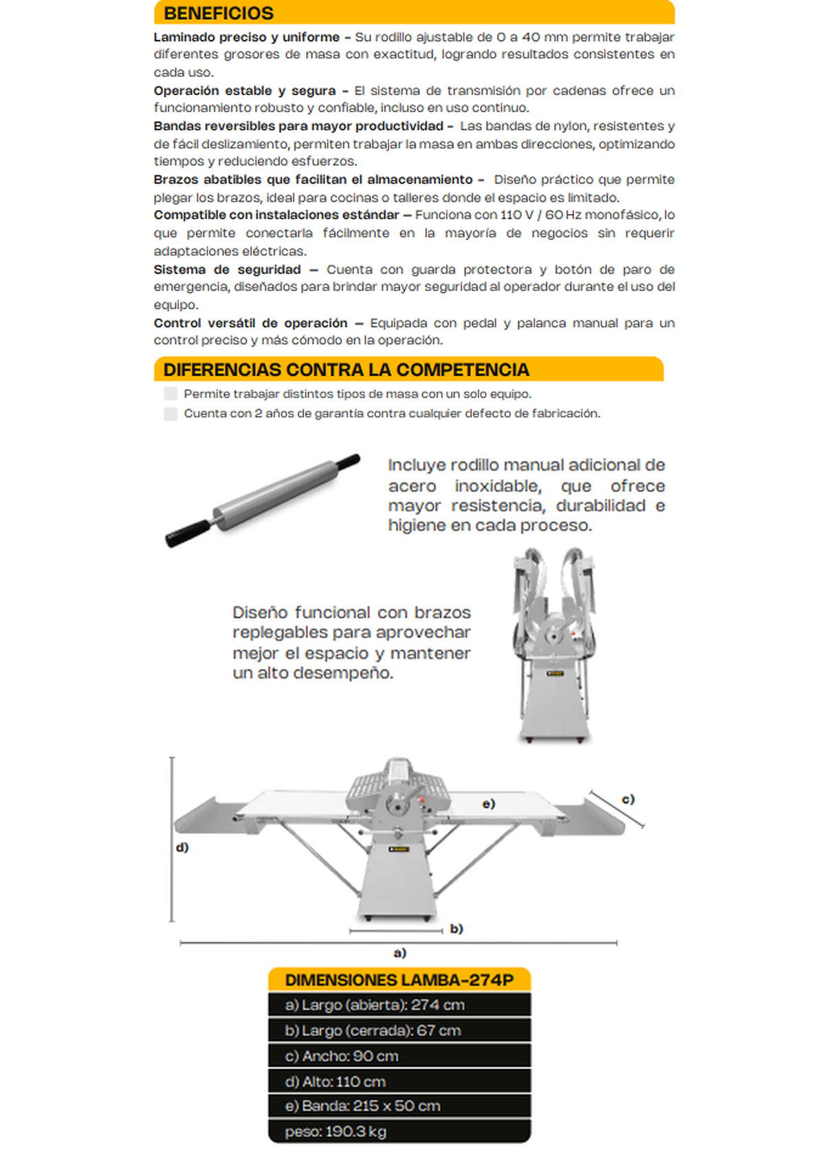 Ficha de características, brazos abatibles y dimensiones de la laminadora — Rhino LAMBA-274P